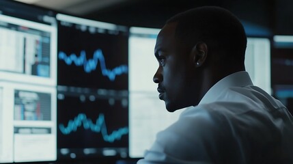 Fototapete - Focused financial analyst working on stock market data and economic forecasts at night : Generative AI