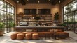 © Sopacha - Country coffee shop design, 3D rendering with a warm color palette and inviting seating arrangement, wide view