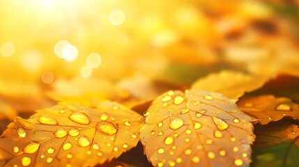 Poster - Golden autumn leaves with dewdrops glistening in sunlight creating a serene and warm seasonal background : Generative AI