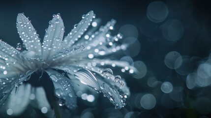 Wall Mural - dew water drops on a dandelion flower macro close up on a dark background Soft focus blurred background circular bokeh