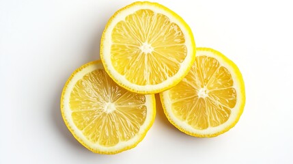 Poster - Three Fresh Lemon Slices Arranged in a Whimsical Pattern on a White Surface : Generative AI
