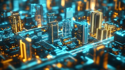 Poster - Digital Metropolis with Illuminated HighRise Buildings in Blue and Orange Hues : Generative AI