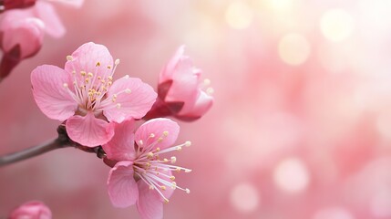 Poster - Cherry Blossom Branch in Delicate Springtime Bloom with Soft Pink Background : Generative AI