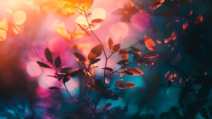 Fototapete - Vibrant Bokeh and Leaves in Sunlit Evening Abstract Photography : Generative AI