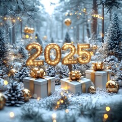 Wall Mural - Golden illuminated 2025 in a snowy forest with festive decorations and wrapped gifts Generative AI