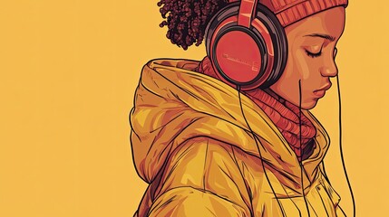 Poster - Young Woman Listening to Music in Yellow Jacket