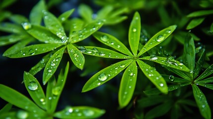 Poster - Bright Green Lupin Leaves with Dew Drops in a CloseUp Nature Scene : Generative AI