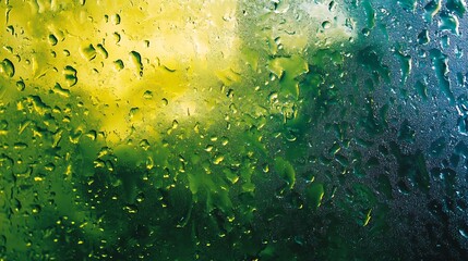 Poster - Colorful Water Droplets on Glass with Green and Yellow Background : Generative AI