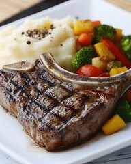 Sticker - A delicious plate featuring grilled steak, mashed potatoes, and colorful mixed vegetables.