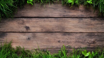 Poster - Top View of Rustic Wooden Planks Surrounded by Green Grass : Generative AI