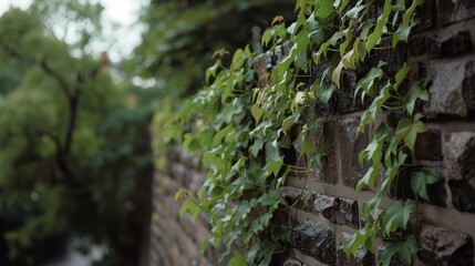 Wall Mural - Ivy cascades over a textured stone wall, surrounded by lush greenery, creating a natural, ancient feel in a tranquil setting.