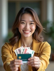 Poster - woman indonesia with cheerful smile expression towards you, hand holding debit card forward and carrying rupiah money. young beautiful for finance, advertising, fashion