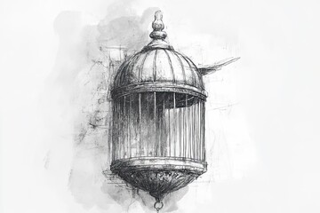 Sticker - Ornate Empty Birdcage Sketch Watercolor Background