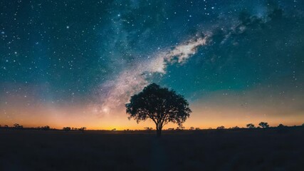 Wall Mural - a tree stands in a field of grass under a starry sky. the sky is filled with stars and the tree is s