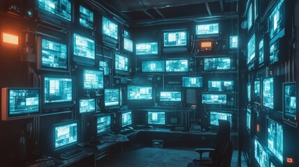 Fototapete - Surveillance technology security room digital monitoring high-tech environment wide angle view security risks management