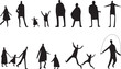 © GRASSS.H - Vector, isolated silhouette of sitting standing people, adult man, girl and children