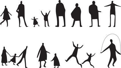vector, isolated silhouette of sitting standing people, adult man, girl and children