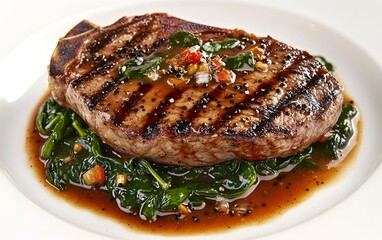 Sticker - A grilled steak served on a bed of saut?ed spinach with a savory sauce.