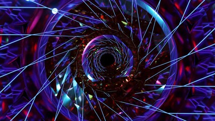 Wall Mural - Abstract background 3D animation moving through shiny glass metal and neon lights tunnel, loop