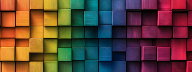 Wall Mural - abstract geometric rainbow colors colored 3d wooden square cubes texture wall background banner illu