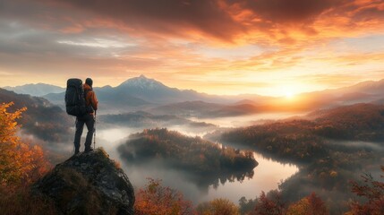 Wall Mural - A backpacker standing on a rocky cliff overlooking a stunning mountain range during sunrise. The hiker, carrying a large backpack with gear, looks out at the view, surrounded by mist and golden 