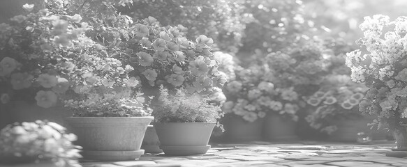 Wall Mural - Monochromatic Garden Scene Featuring Potted Plants