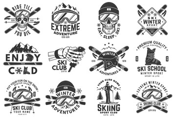 Set of ski winter sport retro badge. Vector. Concept for shirt, print, seal or stamp with ski glasses, skull, skeleton hand holding ski pole. Family vacation, activity or travel. For logo design