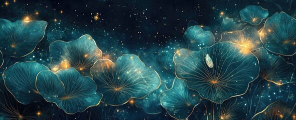 Wall Mural - Dark teal and gold lotus leaves with glittering stars