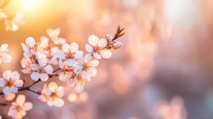 Wall Mural - Cherry blossoms bloom vibrantly as soft spring light enhances their delicate petals, creating a tranquil and beautiful setting for reflection