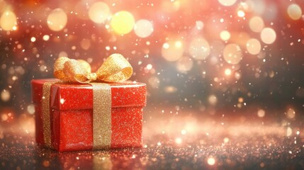 Wall Mural - A vibrant red gift box featuring a shiny golden bow captures the essence of celebration amid sparkling lights