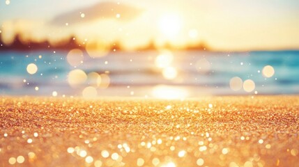 Wall Mural - Golden sand glimmers under sunset light, with soft waves gently lapping, illuminating a serene beach atmosphere