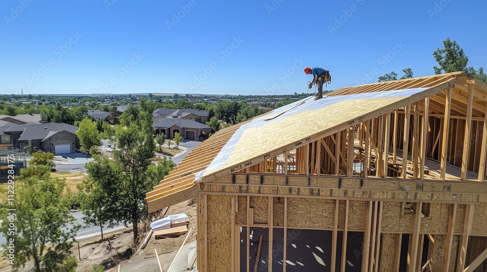 Construction worker installing plywood sheathing on a new home roof ...