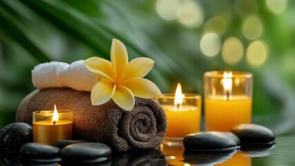 Wall Mural - Spa scene with towel, candles, flower and stones on nature bokeh background. Beauty treatment. Wellness and relaxation concept