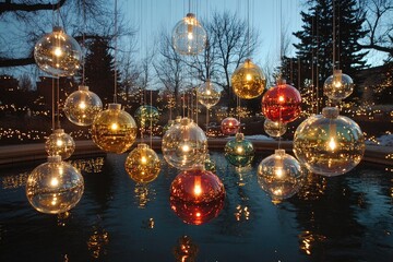 Wall Mural - Glowing christmas ornaments hanging over water at dusk