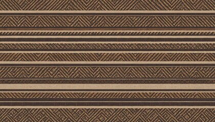 Closeup of a fabric with horizontal stripes in brown and beige featuring geometric chevron and zigzag patterns. The texture appears woven or knit.