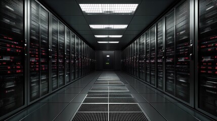 Wall Mural - inside a modern data center: rows of servers and network equipment