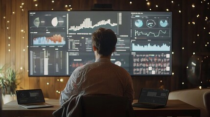 data analysis system with graphs and charts on a large screen