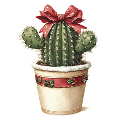 Wall Mural - vintage watercolor illustration of potted cactus with festive bow. This charming plant adds touch of holiday spirit to any decor