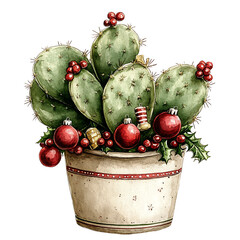 Wall Mural - festive potted cactus adorned with red ornaments and holly leaves, perfect for holiday decor