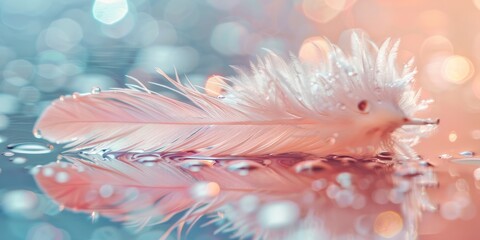 Wall Mural - soft white pink fluffy feather with drops of water in the image of hedgehog on a mirror with reflection horizontal