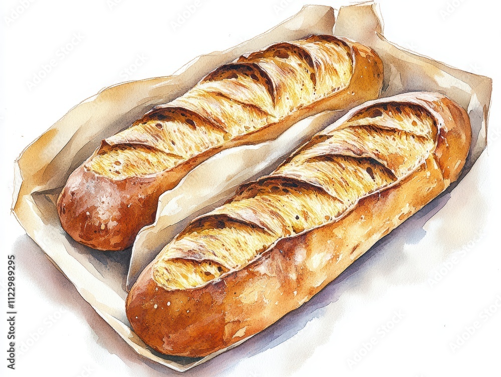 Freshly baked french baguettes with seeds and cutlery, a watercolor ...