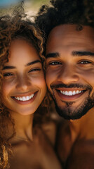 Wall Mural - Happy couple smiling together, showcasing joy and connection in close up portrait