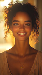 Wall Mural - young woman with curly hair smiles warmly in soft golden light, radiating joy and positivity