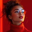 © Teerasak - Stylish young woman with confident posture, wearing Christmas accessories, isolated on vibrant red background, festive lighting, holiday season, 16:9 framing