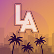 © antoniofrancois - Postcard with landscape of American city of Los Angeles in California. Cityscape with skyscrapers, palm trees and sun. Tourism and vacation. Cartoon flat vector illustration