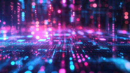 Wall Mural - abstract digital landscape: neon cityscape of binary code