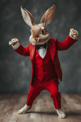 Wall Mural - funny brown dancing bunny in a fancy red suit celebrating easter isolated on moody solid smooth back