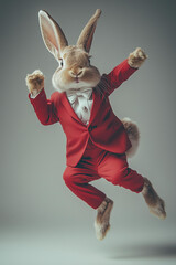 Wall Mural - funny brown dancing bunny in a fancy red suit celebrating easter isolated on moody solid smooth back