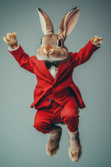 Wall Mural - funny brown dancing bunny in a fancy red suit celebrating easter isolated on moody solid smooth back