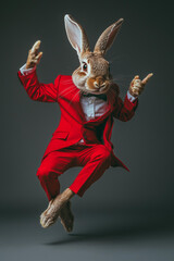 Wall Mural - funny brown dancing bunny in a fancy red suit celebrating easter isolated on moody solid smooth back